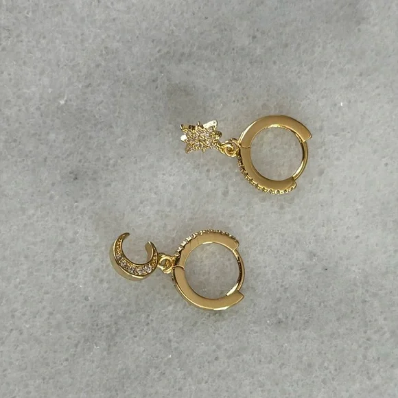 Gold Crystal Pave Star Moon Dangle Huggie Hoop Earrings
Brand New - Picture 4 of 5